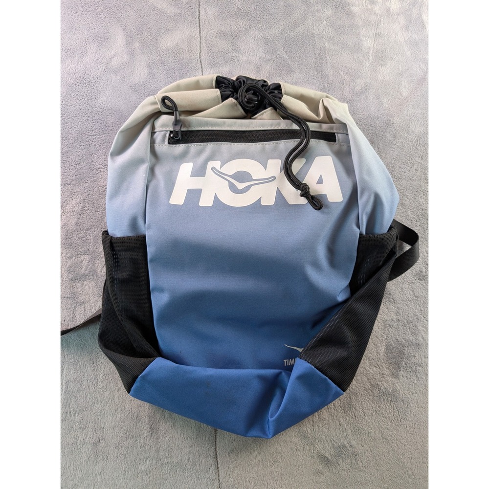 Hoka Blue Grey Gradient Drawstring Backpack Zippered Front Pocket Mesh Sides